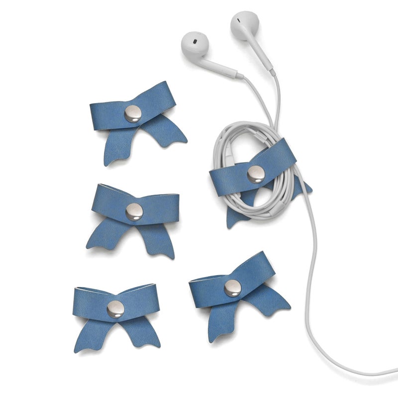 SenseAGE 5 Pack Cord Organizer, Bow Cord Keeper, Cable Organizer USB Holder, Leather Cable Management, Cable Straps, Earphone Winder, Storage Straps for Electronics, Earbuds, Small, Random Blue - Image 1